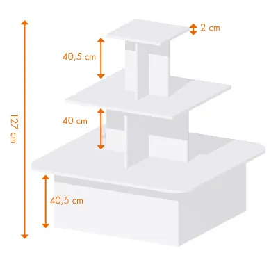 Présentoir 3 niveaux carré blanc 120 x 120 x 127 cm - Présentoir central - Présentoir pyramide - Podiums de présentation, Présentoirs 3 niveaux-1