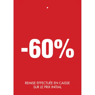 Etiquette à trou -60% rouge blanc 50x70mm - Etiquette soldes - Lot de 250 - Étiquettes Soldes