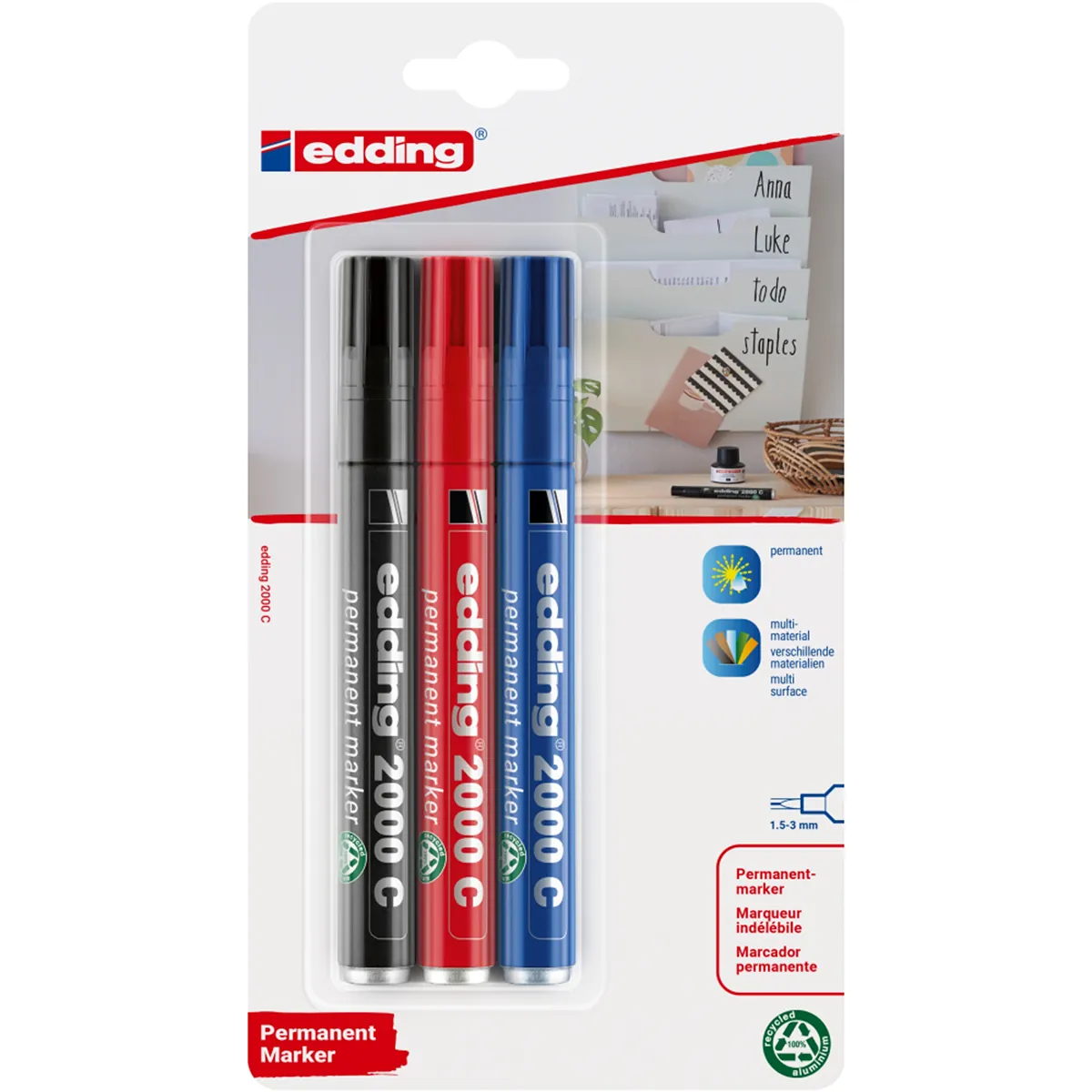 Marqueur indélébile 2000C pointe ogive 1,5 à 3 mm - Marqueur permanent - Noir / Bleu / Rouge - Lot de 3 - Marqueurs-1