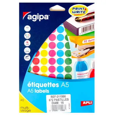 Pastille adhésive permanente couleurs assorties ø 15 mm Agipa - Pastille de signalisation - Étui de 672 - Gommettes de couleur