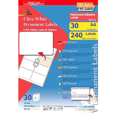 Étiquette adhésive blanche multi-usage 99,1 x 67,7 mm - Étiquette d'expédition - Pochette de 240 - Étiquettes adhésives neutres