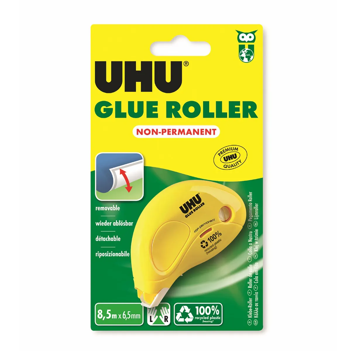 Roller colle repositionnable jetable Dry & Clean UHU 6,5 mm x 8,5 m - Dévidoirs, adhésifs, colles