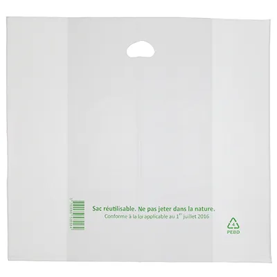 Sac plastique poignées découpées PEHD 50µ 70 x 65 x 30 cm - Blanc - Lot de 50 - Sacs plastique unis, poignées découpées