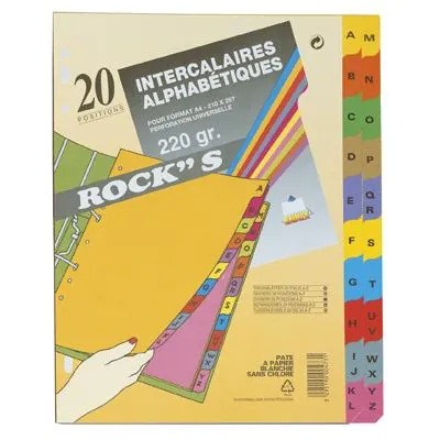 Intercalaires alphabétiques A4 20 positions Carte lustrée véritable 220 g coloris assortis Exacompta - Intercalaires classeur, Trieurs documents