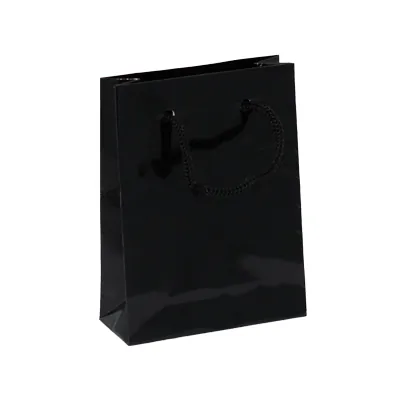 Sac pelliculé noir brillant poignées cordelette 8,1 + 3,3 x 10,8 cm - Paquet de 20 - Sacs pelliculés poignées cordelette