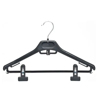 Cintre à pinces noir plastique avec barre, encoches et crochets 40 cm - Cintre pantalon - Lot de 50 - Cintres à pinces