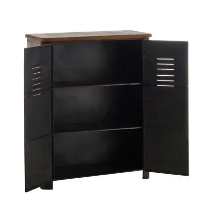 Buffet 2 portes bois / métal vieilli rouge style industriel 82 x 35,7 x 102 cm - Étagères magasins, Présentoirs bois-1