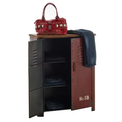 Buffet 2 portes bois / métal vieilli rouge style industriel 82 x 35,7 x 102 cm - Étagères magasins, Présentoirs bois-2