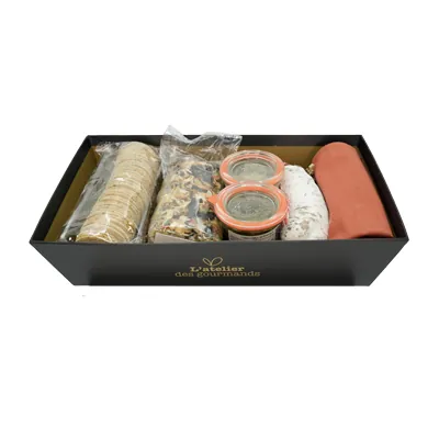 Corbeille carton carrée Épicerie fine 20 x 20 x 5 cm brun / noir, paquet de 10 - Corbeilles carton-1