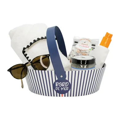 Corbeille carton ovale  1 anse Mer 26 x 19,3 x 8 cm bleu marine / blanc, paquet de 6 - Corbeilles carton-2