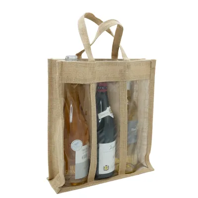 Sacs jute 3 bouteilles à fenêtres - Sacs pour bouteilles de vin-1