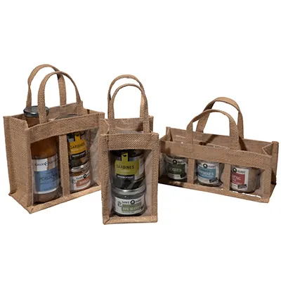 Sac jute 3 pots - Panier jute 3 pots - avec fenêtres 25 + 10 x 10 cm – Paquet de 10 - Sacs jute-2