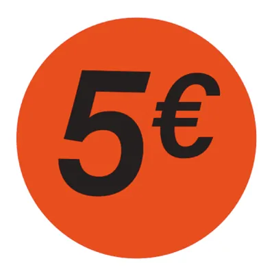 Pastille adhésive '5€' rond ø 36 mm, Orange fluo - Sticker promo - Lot de 500 - Gommettes adhésives évènementielles