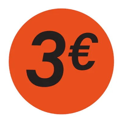 Pastille adhésive '3€' rond ø 36 mm, Orange fluo - Sticker promo - Lot de 500 - Gommettes adhésives évènementielles
