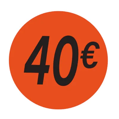 Pastille adhésive '40€' rond ø 36 mm, Orange fluo - Sticker promo - Lot de 500 - Gommettes adhésives évènementielles