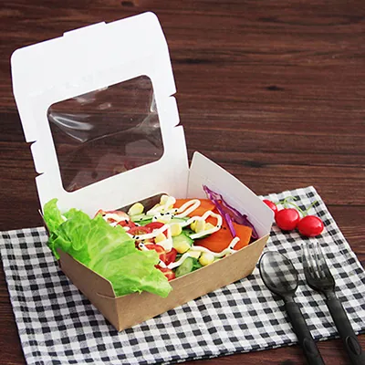 Boîte salade avec couvercle fenêtre 1470 ml 20,5 x 14 x 6 cm carton kraft - Boîte salade à emporter - Lot de 50 - Boîtes salade, Bols salade-1