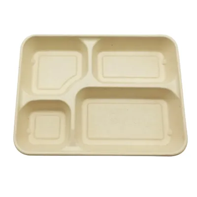 Plateau repas à emporter 4 compartiments 1400 ml fibre végétale 28 x 21 x 4 cm - Lot de 25 - Boîtes repas jetables, Plateaux compartimentés