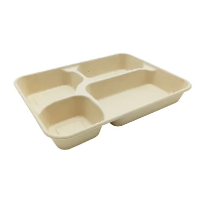 Plateau repas à emporter 4 compartiments 1400 ml fibre végétale 28 x 21 x 4 cm - Lot de 25 - Boîtes repas jetables, Plateaux compartimentés-1