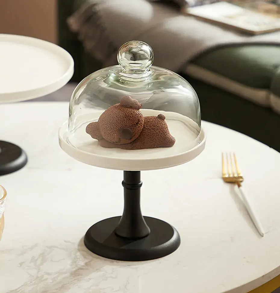 Cloche à gâteau en verre sur pied céramique ø 17,5 x H 26 cm - Présentoir gâteau sur pied - Blanc / Noir - Cloches à gâteaux, Présentoirs gâteaux-1