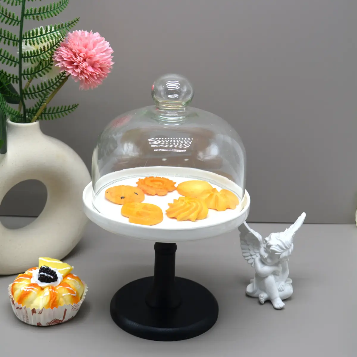 Cloche à gâteau en verre sur pied céramique ø 17,5 x H 26 cm - Présentoir gâteau sur pied - Blanc / Noir - Cloches à gâteaux, Présentoirs gâteaux-2