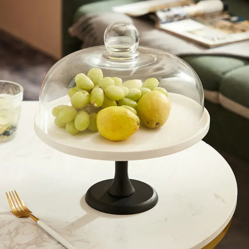 Cloche à gâteau en verre sur pied céramique ø 24 x H 28,5 cm - Présentoir gâteau sur pied - Blanc / Noir - Cloches à gâteaux, Présentoirs gâteaux-1