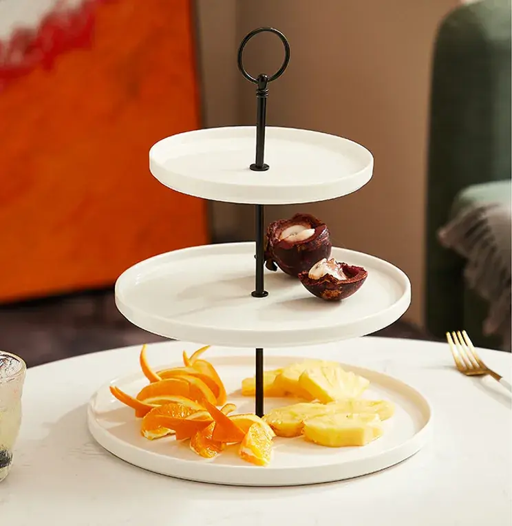 Présentoir à gâteaux 3 niveaux en céramique ø 28 / 24 / 17,5 x H 32 cm – Serviteur à gâteaux - Blanc - Cloches à gâteaux, Présentoirs gâteaux-1