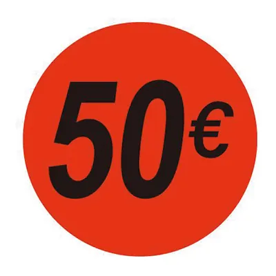 Pastille adhésive '50€' rond ø 36 mm, Orange fluo - Sticker promo - Lot de 500 - Gommettes adhésives évènementielles