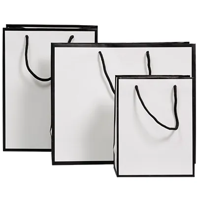 Sac papier luxe pelliculé blanc liseré noir 18 + 10 x H 22 cm - Sac cadeau - Paquet de 20 - Sacs pelliculés poignées cordelette-4
