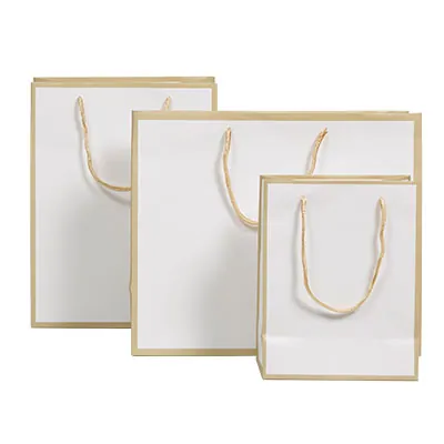 Sac papier luxe pelliculé blanc liseré or 25 + 13 x H 33 cm - Sac cadeau - Paquet de 20 - Sacs pelliculés poignées cordelette-1