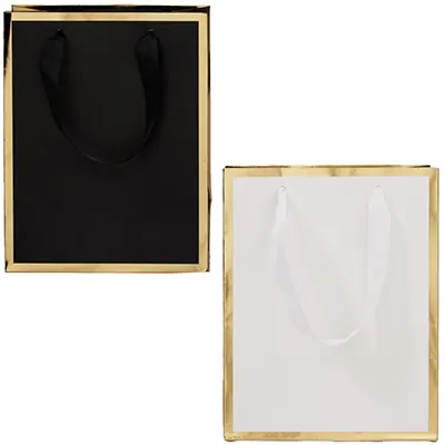 Sac cadeau premium pelliculé blanc liseré or 18 + 10 x H 22 cm - Sac papier luxe - Paquet de 20 - Sacs pelliculés unis, poignées ruban-1