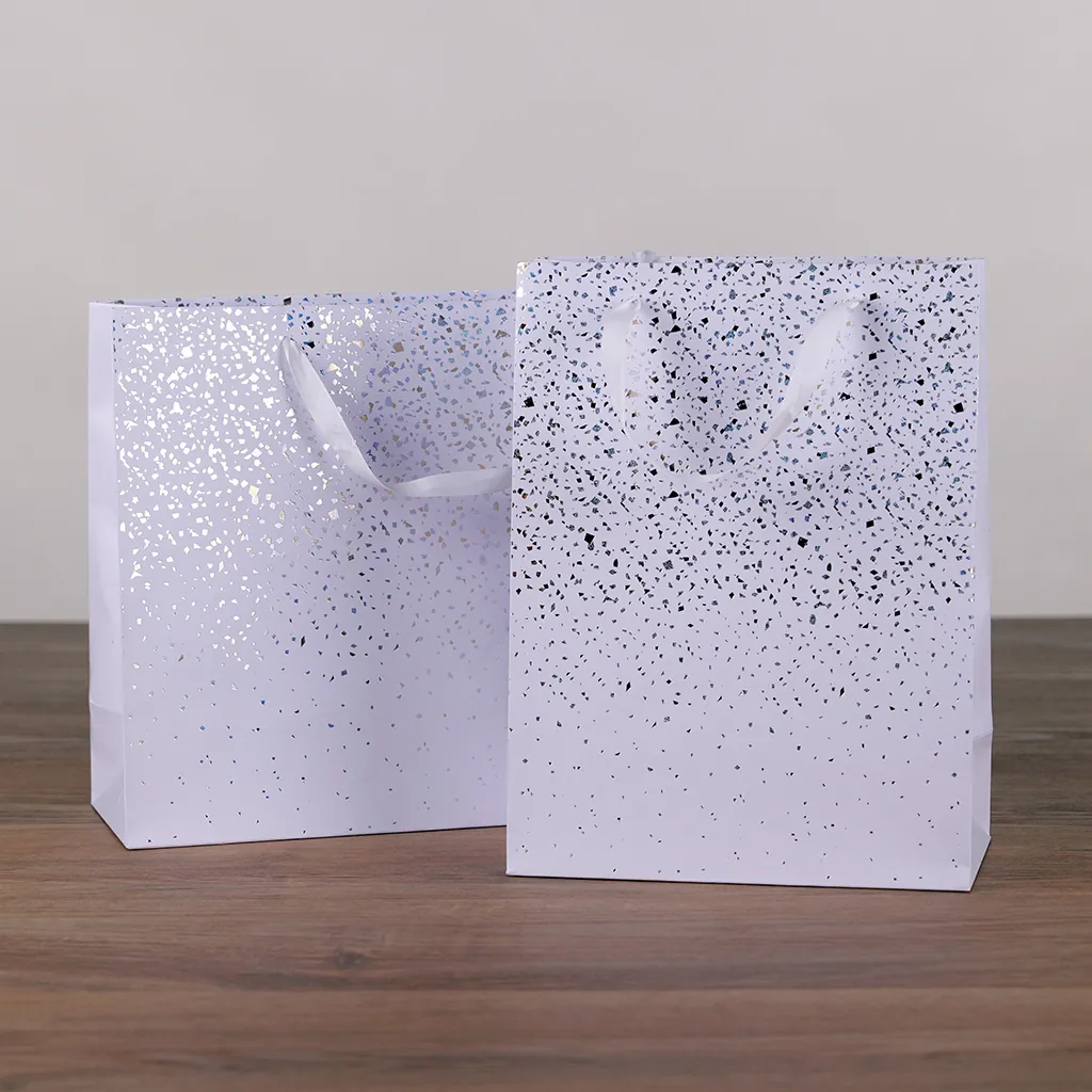 Sac cadeau pelliculé Terrazzo blanc / or / argent irisé 25 + 13 x H 33 cm - Paquet de 20 - Sacs pelliculés à motifs-2