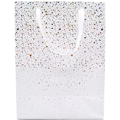 Sac cadeau pelliculé Terrazzo blanc / or / argent irisé 25 + 13 x H 33 cm - Paquet de 20 - Sacs pelliculés à motifs-1