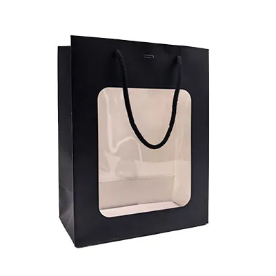 Sacs pelliculés noir mat avec fenêtre - 22 + 11 x 28 cm - Sacs pelliculés poignées cordelette