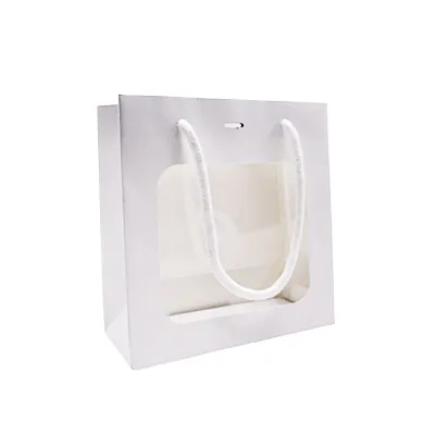 Sacs pelliculés blanc mat avec fenêtre - 18 + 8 x 19 cm - Sacs pelliculés poignées cordelette