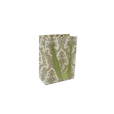 Sac luxe blanc / vert motif baroque et poignées ruban – L 12 x P 6 x H 16 cm – Paquet de 20 - Sacs kraft luxe