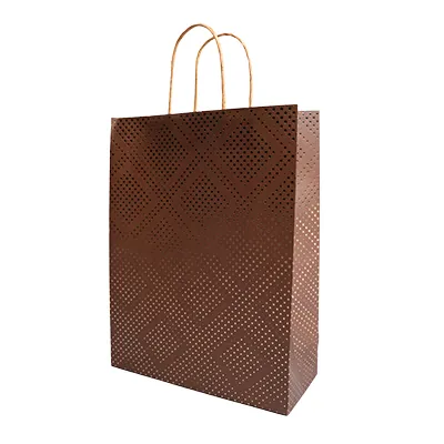 Sac cadeau kraft poignées torsadées marron à pois or 24 + 10 x 31 cm - Paquet de 20 - Sacs kraft luxe
