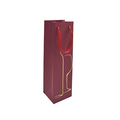 Sac 1 bouteille bordeaux/or poignées ruban bordeaux 10,5x10x36cm – Paquet de 20 - Sacs pour bouteilles de vin