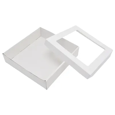 Boîte cadeau carton blanche à fenêtre avec couvercle 22,5 x 22,5 x 6 cm – Lot de 10 - Boites cloches
