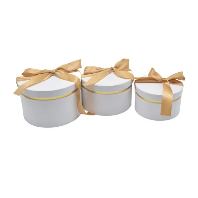 Boîte cadeau ronde blanche avec noeud ruban et liseré or en carton ø22,7x14 cm - Lot de 2 - Boites cloches-1