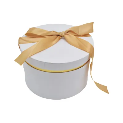 Boîte cadeau ronde blanche avec noeud ruban et liseré or en carton ø22,7x14 cm - Lot de 2 - Boites cloches