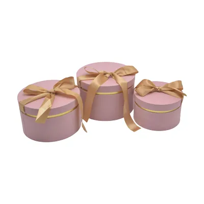 Boîte cadeau ronde rose avec noeud ruban et liseré or en carton ø22,7x14 cm - Lot de 2 - Boites cloches-1