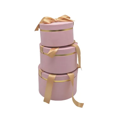 Boîte cadeau ronde rose avec noeud ruban et liseré or en carton ø22,7x14 cm - Lot de 2 - Boites cloches-2