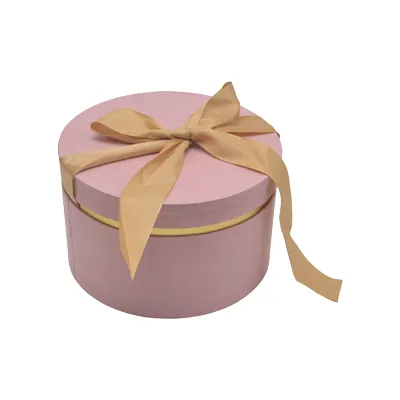 Boîte cadeau ronde rose avec noeud ruban et liseré or en carton ø24,7x16 cm - Lot de 2 - Boites cloches