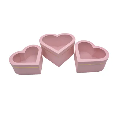 Boîte cœur en carton avec fenêtre, rose avec liseré doré 28,5 x 26,3 x13 cm - Lot de 2 - Boites cloches-1