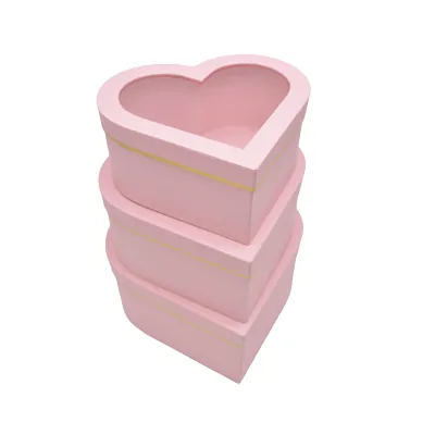 Boîtes cœur roses liseré or à fenêtre 23,5x21,5x10 cm – Paquet de 2 - Boites cloches-2