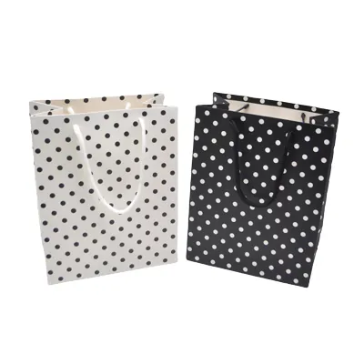 Sac pelliculé blanc à pois noirs poignées cordelette 18 x 10 x 23 cm – Paquet de 20 - Sacs pelliculés à motifs-1