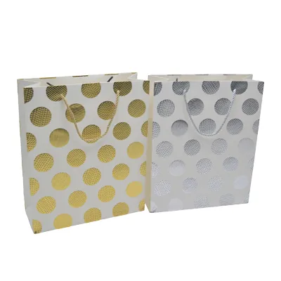 Sac pelliculé blanc pois embossés argent poignées cordelette argentées 26 x 10 x 32 cm – Paquet de 20 - Sacs pelliculés à motifs-1