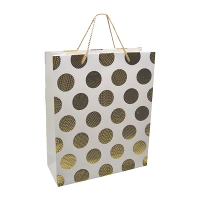 Sac pelliculé blanc pois embossés or poignées cordelette dorées 26 x 10 x 32 cm – Paquet de 20 - Sacs pelliculés à motifs