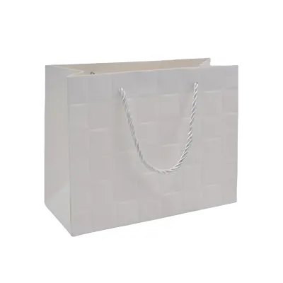 Sacs pelliculés blancs embossés tressés poignées cordelette 23+10x18cm 210g/m² - Paquet de 20 - Sacs pelliculés à motifs