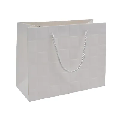 Sacs pelliculés blancs embossés tressés poignées cordelette 31+12x26 cm 210g/m² – Paquet de 20 - Sacs pelliculés à motifs